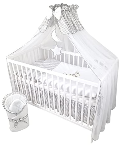 Bello24 - Juego Completo de Cuna y Ropa de Cama de 13 Piezas Happy Leo Incl. colchón Regulable en Altura para recién Nacidos y niños pequeños de Madera Maciza (Gris - Teddy Bear Moon)