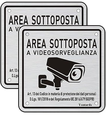Cartello Area Videosorvegliata Alluminio con Avviso GDPR, 2 Pezzi 10x10cm Cartello Videosorveglianza con Adesivo e Fori Preforati, Cartello Telecamera Metallo per Casa e Negozio, Interno ed Esterno