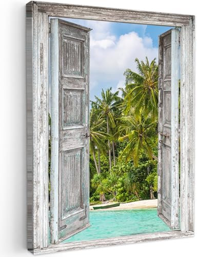 MuchoWow© Leinwand Bilder 50x70 cm Wanddeko Wohnzimmer Aesthetic Room Decor Deko Zimmer Wandbilder Modern Fotogeschenke Palme - Meer - Fensterblick - Tropisch