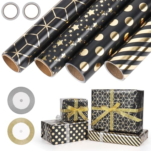 GuKKK Papier Cadeau 43cm x 3M, 4 Rouleaux De Papier d'emballage Cadeau et 2 Rouleaux de Ruban, Papier Cadeau Rouleau Anniversaire, pour Anniversaire, Noël, Vacances, Mariage, Cadeau de Naissance