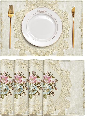 TOPLUXE Platzsets 4er Sets Florales Tischset Abwaschbar 30x45cm Platz-Matten für Esstisch Urlaub Party Wohnzimmer Dekoration (Beige)