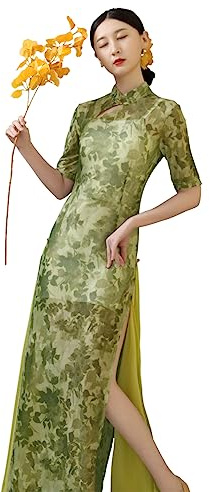 ROYAL SMEELA Chinese qipao dress for women mesh printed cheongsam long dress woman Chinese traditional cheongsam qipao Lady Slit Short Sleeve chinese style qipao sexy stand collar cheongsam dress