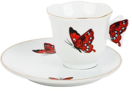 Cup and Saucer Set - Mini Coffee Mug with Plate Tea Set - Ceramic Butterfly Design