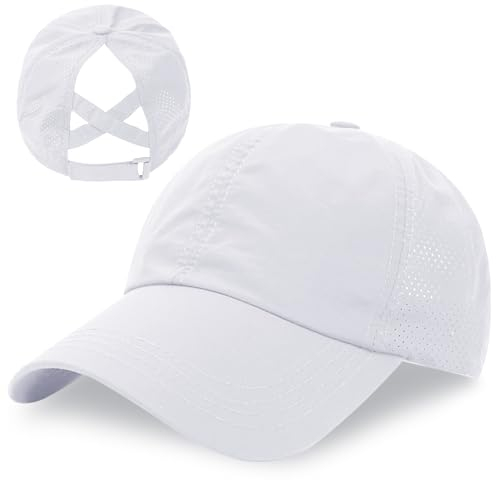 outfit spring Baseball Cap Damen Kappe Sommer Basecap Pferdeschwanz, Verstellbar Frauen Ponytail Cap Baseballmütze Mesh Atmungsaktiv Sonnenhut Freizeit Kappe mit Zopfloch Outdoor Sports Kreuz Weiß