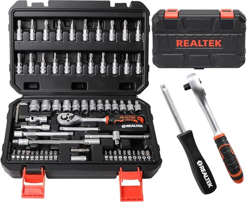 REALTEK 66-teiliges 6,35 mm Steckschlüssel-Set, Ratschen-Set mit 72 Zähnen, Umschaltknarre und Bit-Steckschlüsselsatz, professionelles Werkzeugset für Autoreparatur und Haushalt
