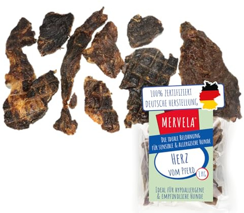 MERVELA Pferdeherzen | 100% Pferd pur | 1.000g | Herzen vom Pferd getrocknet | Qualität aus Deutschland | ideal für hypoallergene, allergische und Sensible Hunde