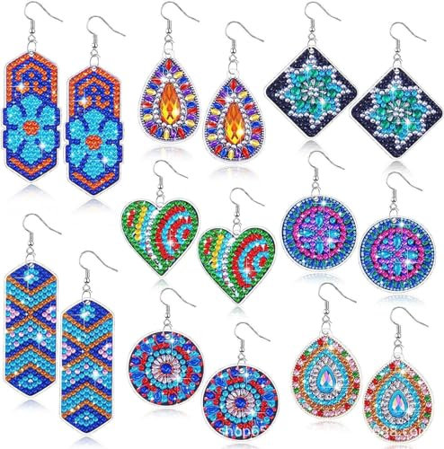 Erlsig 8pcs Diamond Painting Ohrringe, 8 Stück Diamond Painting Ohrring Kits, 5D DIY Diamant Malerei Schmuck Ohrhänger für Frauen Mädchen Kinder