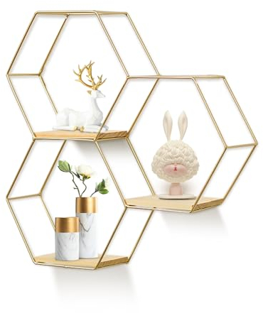 Generisch Hexagon Wandregal Metall 3er Set in 1 Modernes Metallwandregal Holz Schweberegal Hängend Wandregal Wanddekorregal für Schlafzimmer Wohnzimmer Küche und Büro (Gold), SHELF-3-BLACK