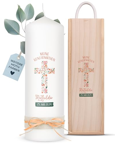 AMARI ® Konfirmationskerze personalisiert Floraler Segen (002.09.05) 25/8 cm- Kerze Konfirmation - Konfirmationskerze mit Namen und Datum - Konfirmation Kerze personalisiert Mädchen Junge