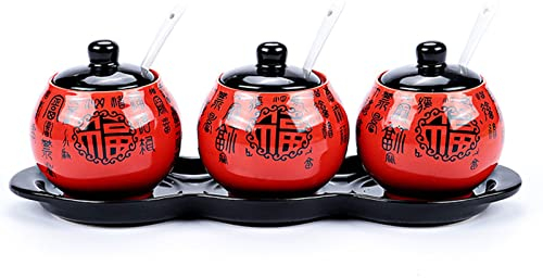 Ceramic Sugar Bowl Set,Chinese Ceramic Sugar Pot with Lid, Red Sugar Bowl with Lid, for Sugar, Salt, Cafe,Tea,Spice Jar for Sugar, Salt, Seasoning for Kitchen Home