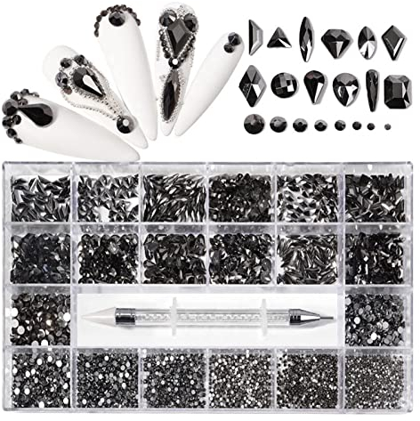 Aqxyedc 2500 stücke luxus glänzend diamant nail art strass kristall dekorationen set Ab GLASS 1 STÜCKE Pick-Stift in Gitter-Box 21 Form wanglan(Color:Jet Hemitate 2500pcs)