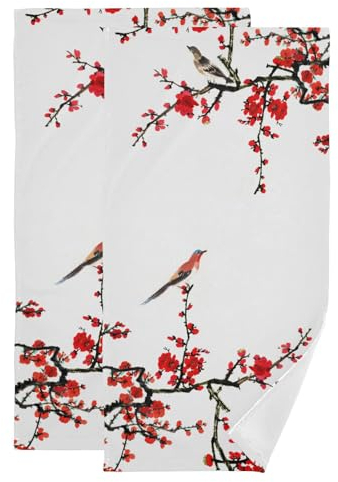 YOCIBIUT Handtücher für Badezimmer, saugfähige Mikrofaser, asiatisch, japanisch, Blumenmuster, Frühlingsvögel, 35,6 x 71,1 cm, dekorative Gäste-Badezimmer-Handtücher für Bad, Gesicht, Haare, Dusche