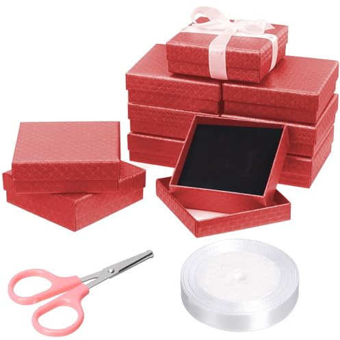 Mardatt 12Pcs Cardboard Jewelry Boxes, Square Jewelry Gift Boxes Velvet Sponge Liner Jewelry Case with Scissors and Polyester Ribbon for Necklace Earring Bracelet - 3.5 x 3.5 x 1 Inch, Red