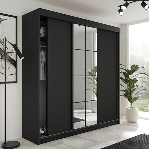 KIER FURNITURE Schiebegarderobe LAMARO mit Spiegel - Schrank Schlafzimmer – Schlafzimmerschrank – Wardrobe Bedroom – Kleiderschränke – Kleiderschrank - 250x205x59cm - Schwarz