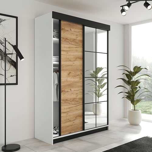 KIER FURNITURE Schiebegarderobe LAMARO mit Spiegel - Schrank Schlafzimmer - Schlafzimmerschrank - Wardrobe Bedroom - Kleiderschränke - Kleiderschrank - 167x205x59cm - Weiß & Eiche Handwerk Gold