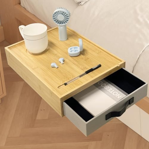 TUAKIMCE Nachttisch zum einhängen aus Bambus, Ansteckbettgestell mit Schubladen, Nachttisch mit Tassen- und Kabelhalter für Betten und Etagenbetten, Kinderzimmer und Schlafräume
