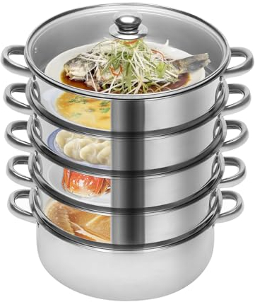 Vaporera de 5 niveles, 26, 28, 30 cm, acero inoxidable, con tapa de cristal, apta para todo tipo de cocinas, también para inducción (plata, 30 cm)