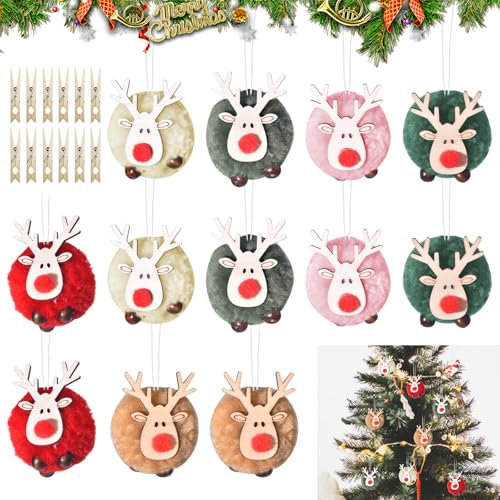 Weihnachtsbaum Anhänger, 12 Stück Christbaumschmuck, Weihnachtsanhänger Elch, Filz Holz Verzierung für Weihnachtsbaum, Party Deko