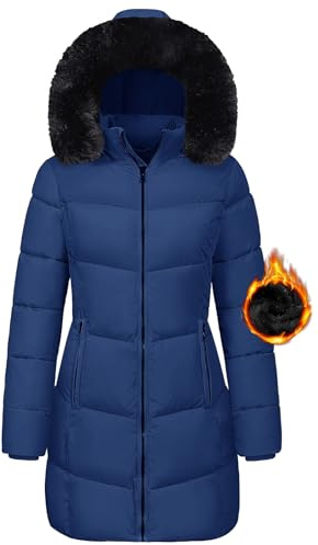 Tuopuda Parka Para Mujer Largo con capucha de piel Abrigo Gruesa para Mujer Chaqueta de Invierno con Capucha Chaqueta de Cremallera Abrigo Resistente al Viento(Azul,M)