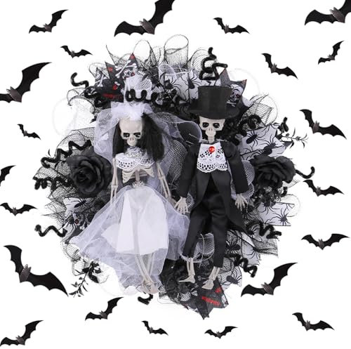 Bogoro Guirlande Gothique en Maille,Marié Squelette Effrayant,Guirlande Gothique Squelette,Couronnes Gothiques pour Porte D'entrée,Couronne Effrayante D’Halloween pour la Porte D'entrée