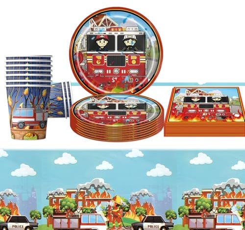 Sam le pompier - Lot de 41 couverts - Décoration d'anniversaire - Motif pompier - Avec bannière de décoration de gâteau - Assiettes d'anniversaire - Serviettes - Accessoires de fête