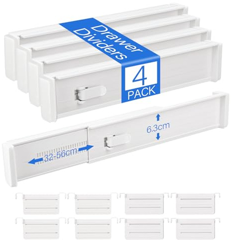 Farerkass 4er-Set Schubladentrenner Verstellbar, 6.3 cm hoch und 32-56 cm länge, Schubladen Organizer, Schubladenteiler aus Kunststoff für Kleiderschrank Küche Büro, Schlafzimmer