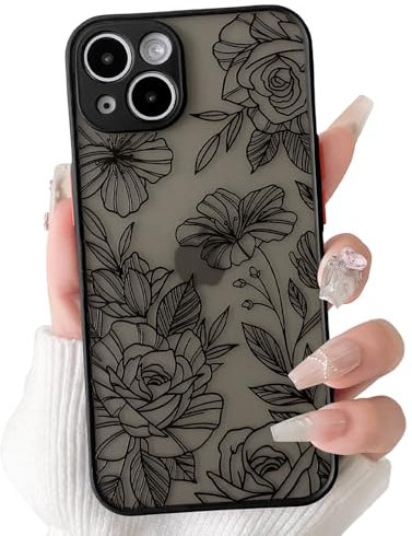 NITITOP Compatible with iPhone 13 Mini Case Cute Aesthetic Floral Flower Vintage Rose Black Pattern Matte Clear Women Girl Full Camera Lens Slim Hard PC Shockproof Pritective Cover - Black