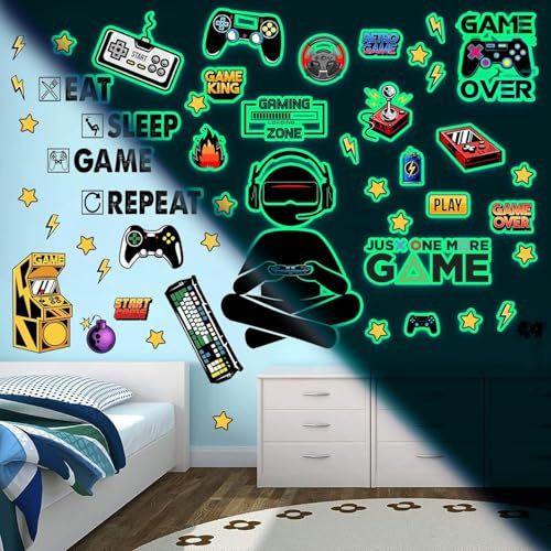 Leuchtende Gaming Wandsticker Selbstklebend Spiel Wandtattoo Kinderzimmer für Glühen im Dunkeln Aufkleber Gamer Leuchtsticker Wandtattoo für Junge Kinderzimmer Schlafzimmer Geschenke grün