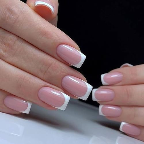 LunarCharm Set di 24 chiodi press-on corti, San Valentino, French Nail Tip, Nude, copertura quadrata completa con utensili per unghie inclusa colla per unghie