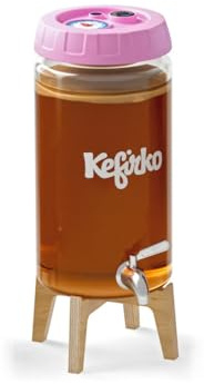 Kefirko Kombucha Fermenter 4L set, Holzständer und Edelstahlzapfhahn, speziell für die Herstellung von Kombucha entwickelt, mit integriertem Kohlefilter, Thermometer und Gäruhr (Rosa)