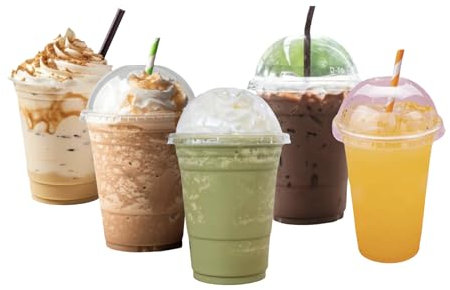 IMTINA 50 Vasos para Batidos, Granizados, Smoothies, Frappés, con Tapas Abovedadas, Transparentes, Reutilizables, 92mm, 50 Unidades (375 ml)