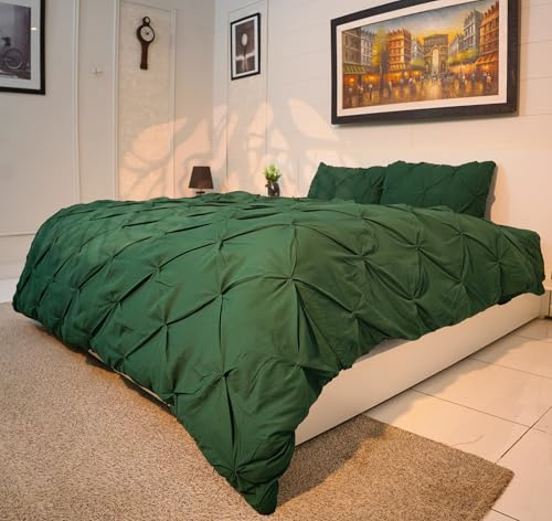 AHS - Double Emerald Green Pintuck Duvet Cover Sheet - Comfy Bedding Set With Pillow Cases - Soft Durable Brushed Microfiber Quilt Cover - Breathable & Washable Duvet Bedding Set