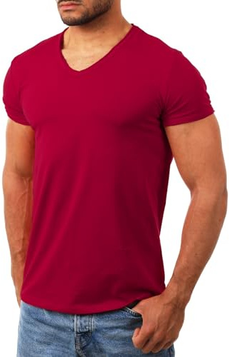 Carisma Herren Uni Basic T-Shirt mit tiefem V-Ausschnitt Vintage Destroyed Kragen Effekt einfarbig Dehnbare Passform