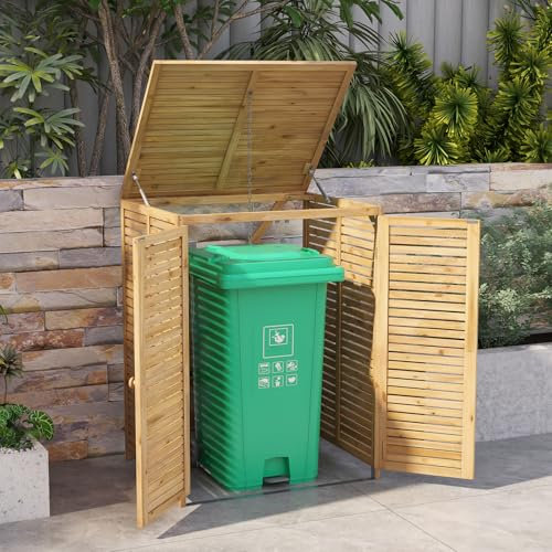 COSTWAY Cache Poubelle Exterieur 120 L, Abri Poubelle Exterieur Bois avec Couvercle Relevable, Doubles Portes, Loquet de Verrouillage, Cache Poubelle pour Jardin, Arrière-Cour, Terrasse, Naturel