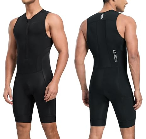 Santic Men's Triathlon Suit Sleeveless Skinsuit Padded Quick-Dry Swim Bike Run with Pockets,Black,L