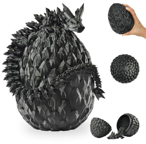 KAHAUS 3D Drache im Ei – 36 cm Deko- und Sammelfigur mit 12 cm Ei, Schwarzer Fantasy Drache, Bewegliche Sammlerfigur