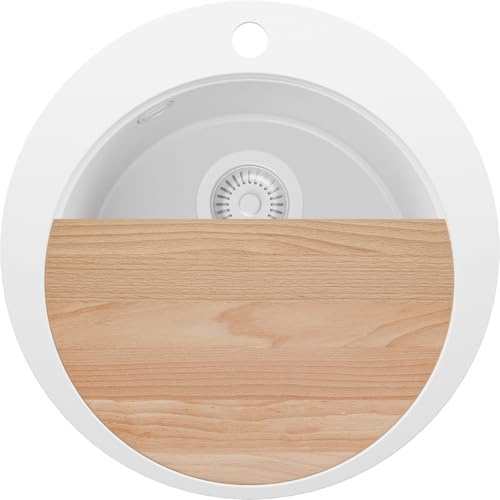 PRIMAGRAN Spülbecken ab 45er Unterschrank + Ablauf-Set, 50x50cm | Set: Ablauf-Set (Siphon, Ablaufgarnitur, Überlauf) + Schneidebrett + Granitspüle 1 Becken - Piza Top, Alles Weiß