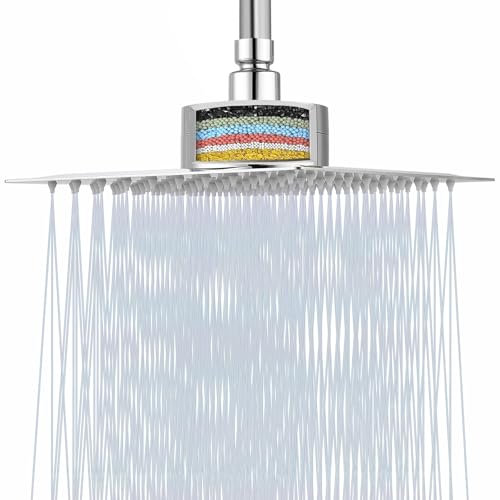 Katezon Pommeau de Douche Filtré, Pommeau de Douche Haute Pression Avec Filtre Pour Eau Dure, élimine le Chlore et les Substances Nocives, Pommeau de Douche Carré de 30cm (Chromé)