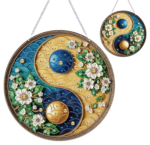 Aodejoy Diamond Painting Doppelseitig Anhänger Fensterbilder Deko, Bastelset für Erwachsene 5D Diamant Painting Fensterbilder Diamant Malerei für Wand Und Eingang Dekoration-Yin Yang