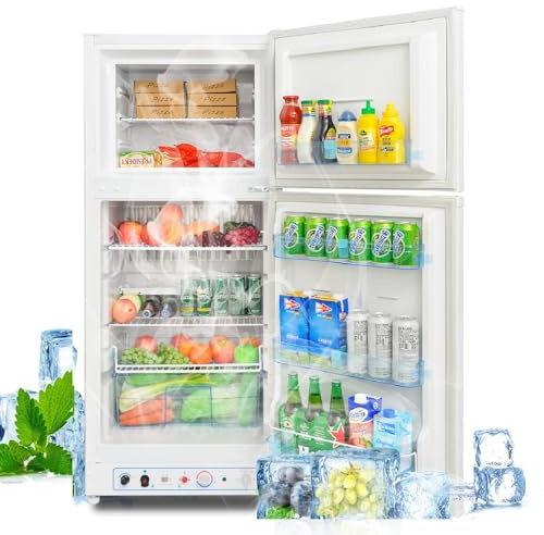 Techomey Gas Kühlschrank mit Gefrierfach, 185L, Kühl-Gefrier-Kombinationen, Gas/230V, Kühlschrank Groß für Küche, Outdoor, Wohnmobil, Reisen, Weiß