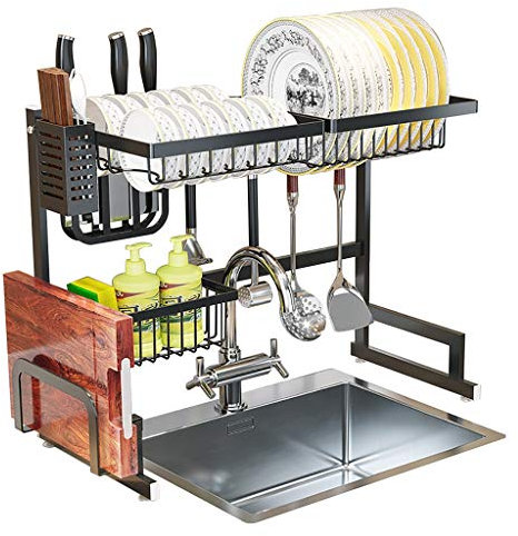 SQMGFA Escurridor de Platos con Cesta Colgante, escurridor de Platos de Acero Inoxidable sobre el Fregadero con Soporte para Utensilios, Organizador de Cocina para Ahorrar Espacio y almacenami