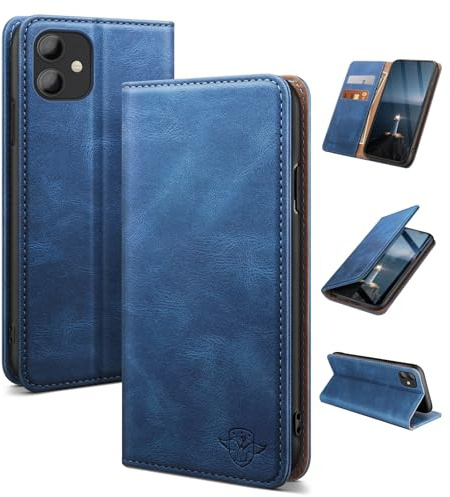 SUANDUCK for iPhone 11 6.1 phone case magnetic leather flip case with RFID-blocking card compartment, adjustable stand and 360° drop protection with Apple 11 Light Blue