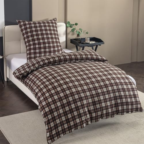 Nesture Winter Warme Thermo Fleece Bettwäsche 135x200, Kuschelig weich Bettwäsche Sets 2 teilig, 1 Bettbezug 135 x 200cm flauschig + 1 Kissenbezug 80x80 mit Reißverschluss, Kariert Braun