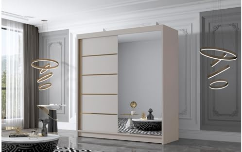 ELUKS - FLAVIO GOLDEN STRIPES Sliding Doors Wardrobe with Mirror Furniture for Bedroom Living Room and Hall Organizer Width 100cm/120cm/150cm/180cm/200cm/WHITE/BLACK/CASHMERE (Cashmere, 180cm)