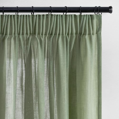 Topfinel 2 Stücke Vorhänge Kurz Salbeigrün Leinen Boho Gardinen Vorhänge mit Kräuselband Voile Vorhang Halbtransparent Vorhang kinderzimmer Wohnzimmer Modern 145x140cm