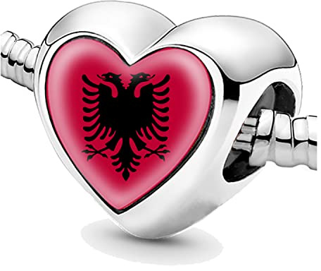 Jycycem Perlen für Armbänder, Albanien Flagge, Silberanhänger für Damen, DIY Charm Schmuck, Geschenkideen, Geschenk für Mädchen, Albanien Herz Perlen für Schmuckherstellung Silber Anhänger