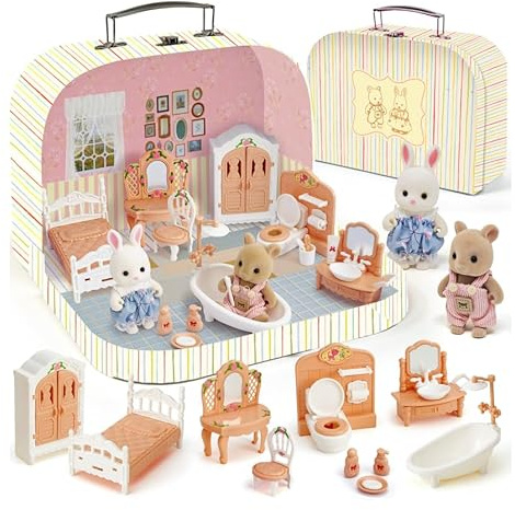 TUZT Suitcase Dollhouse Furniture Set for Kids, Mini Dollhouse Box with 2 Flexible Dolls and Bedroom&Bathroom Furnitures, Pretend Play Accessories Christmas Birthday Gift for Toddlers Ages 3+