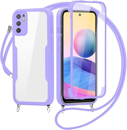 FERLAN Coque avec Cordon pour Xiaomi Redmi Note 10 5G/Note 10T 5G, Collier Ajustable,Coque Antichoc Housse avec Protection écran, 360° Protection Case Robuste Double Bumper Etui Intégrale (Violet)