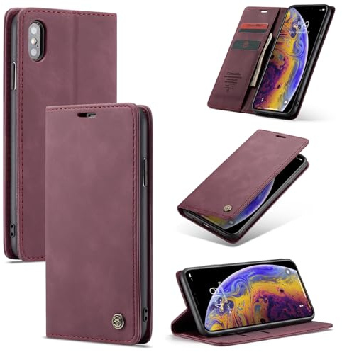 Ottcooed Handyhülle für iPhone X/iPhone XS Hülle, Premium Leder Flip Case, Magnet Klappbar Klapphülle Tasche, Standfunktion Kartenfach Wallet Schutzhülle für iPhone X/iPhone XS, Weinrot