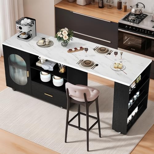 IBF 184 cm Modern Mobile Kücheninsel Freistehend Weiß Marmoroptik | Mobiler Küchenwagen auf 7 Rollen mit 360 Grad drehbarer Holzplatte, frei positionierbar im Esszimmer